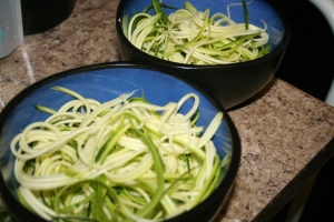 Raw Zoodles waiting for Red Pepper Coconut Curry Broth